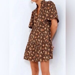 TUCKERNUCK Brown Floral Flutter Sleeve Crawford Dress Rosewood Chintz Sz Large‎